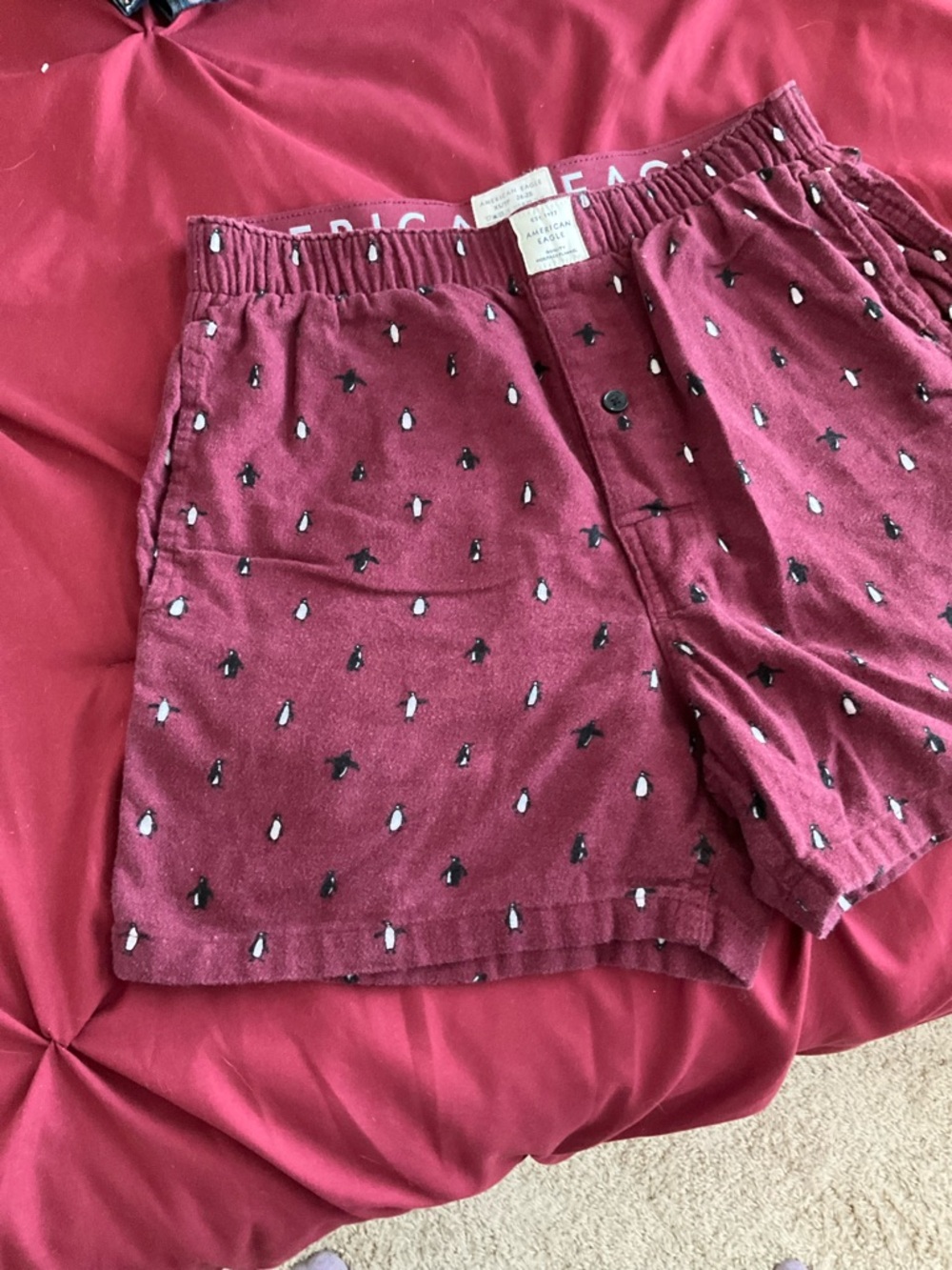 American Eagle Outfitters Burgundy Penguin-Print Men’s Boxers